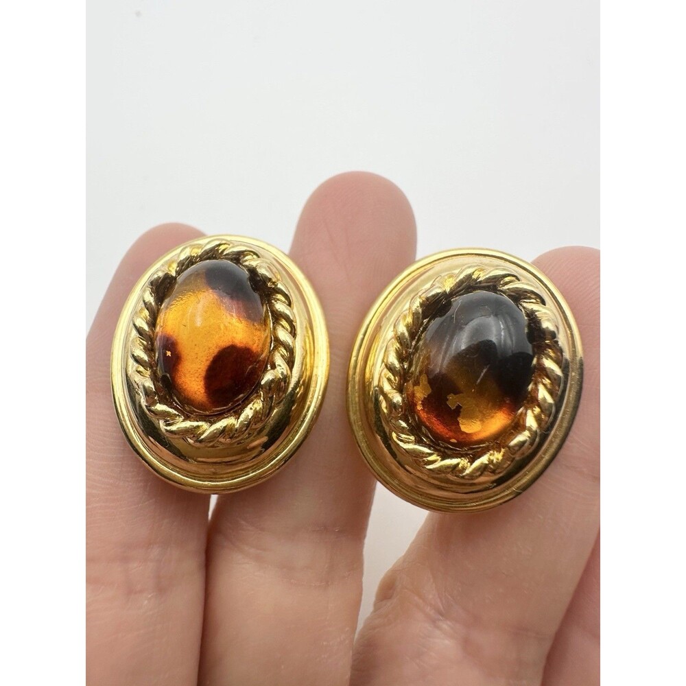 Vintage Faux Amber Oval Cabochon Clip Earrings Gold Tone